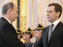 Russia -- Vladimir Putin (L) congratolates Dmitry Medvedev during Medvedev's inauguration, Moscow, 07May2008