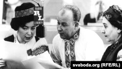 Germany--Galina Rudnik (left), Uladzimer Tsvirka (middle), and Barbara Vezhbalovich on air in Munich, 1960.