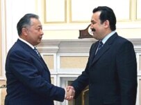 Atambaev (right) meeting with Kyrgyz President Kurmanbek Bakiev today (official site)