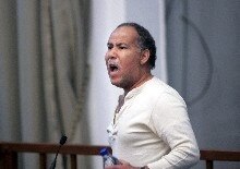 Iraq -- Defendant Barzan Ibrahim al-Hassan al-Tikriti screams at the judges in Baghdad court, 14 Feb.  2006