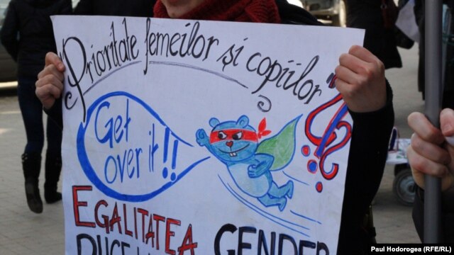 Demonstrators protest against gender discrimination in Chisinau on March 8.