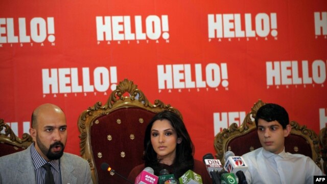 Consulting editor Wajahat Khan (left), CEO and publisher Zahraa Saifullah (center), and chief copywriter Rayan Khan (right) discuss the launch of a Pakistani edition of "Hello" magazine at a press conference in Islamabad. 
