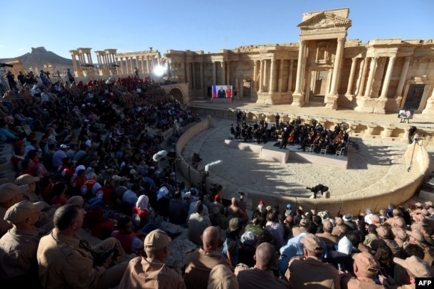 Russian conductor Valery Gergiyev leads a concert in the amphitheater of the ancient city of Palmyra on May 5.