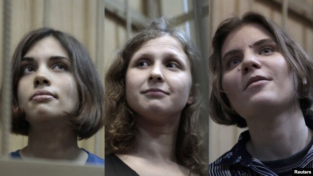 Members of the Pussy Riot punk band whose case has been sent to court (left to right): Nadezhda Tolokonnikova, Maria Alyokhina, and Yekaterina Samutsevich