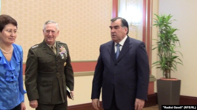 General James Mattis (second from left) meets with Tajik President Emomali Rahmon
