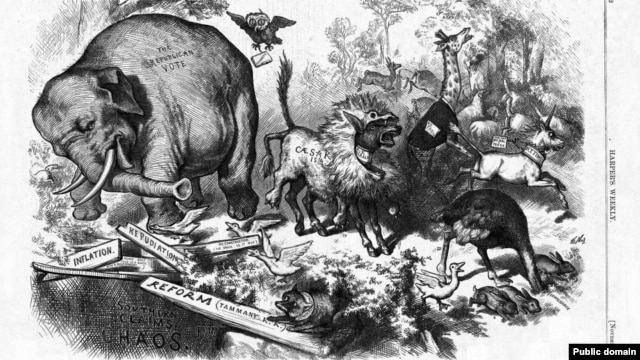 "The Third-Term Panic," by Thomas Nast, was originally published in "Harper's Magazine" in 1874 and is considered the point when the donkey and elephant came to symbolize the two parties.