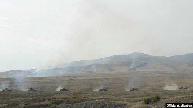 Nagorno-Karabakh - A column of Karabakh Armenian tanks on the move during a military exercise, 23Oct2012.