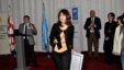 RFE/RL Tbilisi Bureau Chief Marina Vashakmadze (center) accepting the "Champion of Tolerance" award from Georgian Public Defender