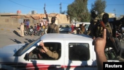 Al-Qaeda fighters celebrate on vehicles taken from Iraqi security forces on a main street in Fallujah.