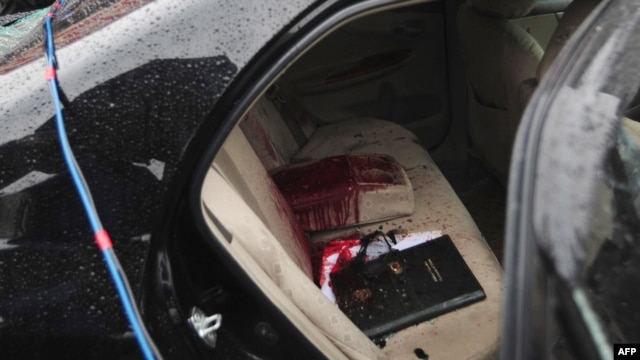 The blood-stained car of Shahbaz Bhatti who was gunned down on March 2