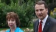 Polish Foreign Minister Radoslaw Sikorski with EU foreign policy chief Catherine Ashton at a meeting for EU foreign ministers in 2011.