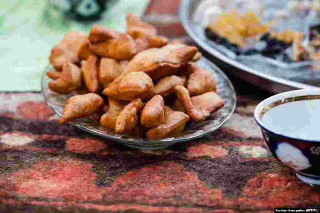 A platter of "pishme," or fried yeasted dough, a traditional Turkmen snack that is served with green tea during celebrations and family meals.