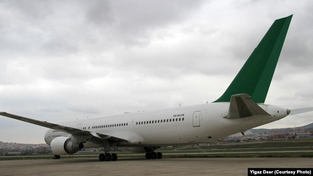Belarusian President Alyaksandr Lukashenka's Boeing 767 at an Istanbul airport shortly after its purchase from Turkmen President Gurbanguly Berdymukhammedov and before being repainted.