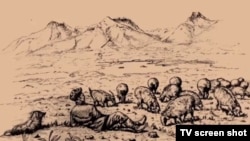 An illustration from the film "Uluu Pamir" documenting the life and history of a nomadic Kyrgyz tribe.