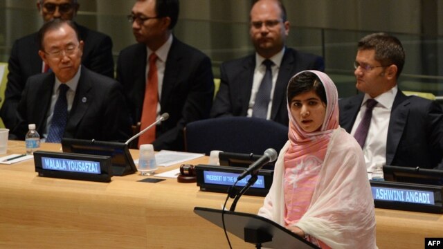 Pakistani student Malala Yousafzai (foreground) spoke before the United Nations Youth Assembly on July 12.