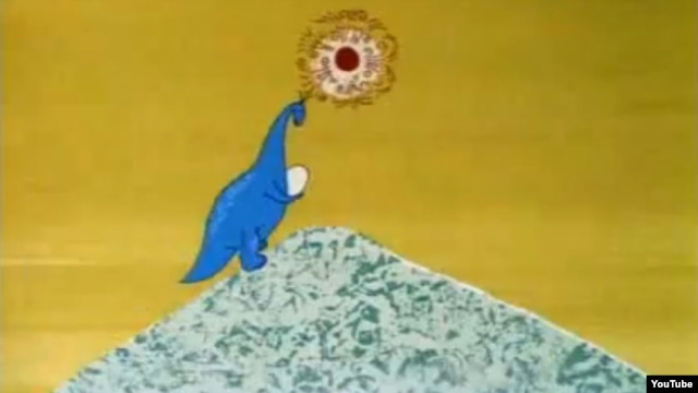 A still from Soviet-era 1967 animated short film "Mountain of Dinosaurs" by director Rasa Strautmane and writer Arkady Snesarev.