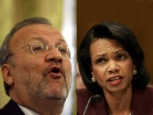 Iran/U.S. - A composite photograph of Iranian Foreign Minister Manouchehr Mottaki and U.S. Secretary of State Condoleeza rice, undated