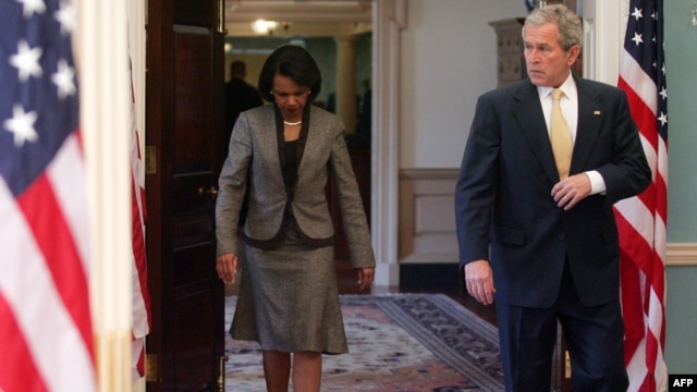 Rubin says that despite the demonization of President George W. Bush, seen here with Secretary of State Rice, the current administration has been more open to diplomacy with Iran than any since Carter's.