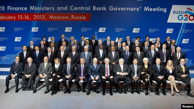 Finance ministers and central-bank governors pose for a family photo during a meeting of G20 finance ministers and central-bank governors at the Manezh Exhibition Center in Moscow on February 16.