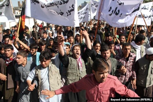 Afghan demonstrators shout anti-Pakistani slogans during a protest in Kabul on October 2.