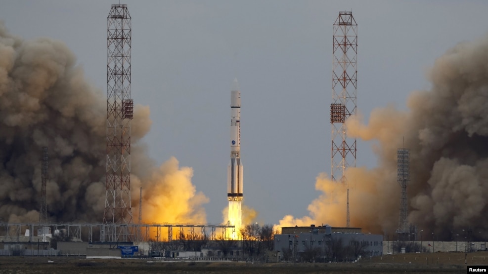 The Proton-M rocket, carrying the ExoMars 2016 spacecraft to Mars, blasts off from the launchpad at the Baikonur Cosmodrome in March.