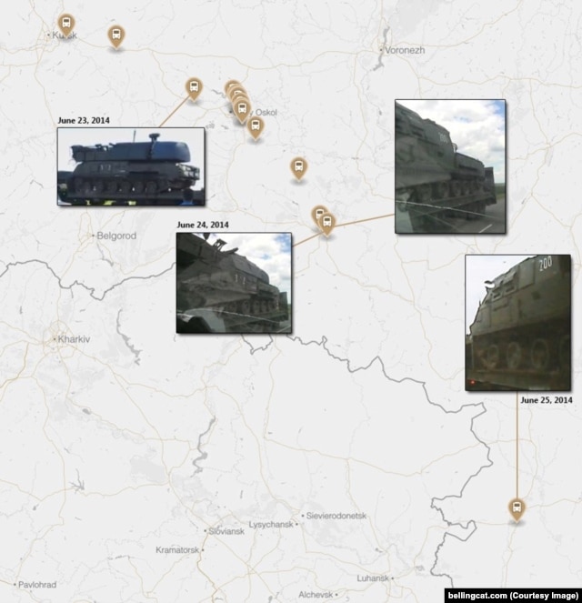 Точки на карте России, где удалось отследить "Бук", из которого предположительно был сбит "Боинг"