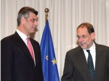 Belgium -- Kosovo's Prime Minister Hashim Thaci (L) with EU Foreign Policy Chief, Javier Solana prior to a meeting on Kosovo Status in Brussels, 24Jan2008