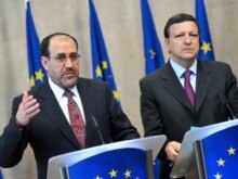 Belgium -- EC Chairman Jose Manuel Barroso (R) and  Iraqi Prime Minister Nuri al-Maliki at a press conference at EU headquarters in Brussels, 16Apr2008