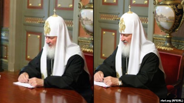 The original (right) and the doctored picture of Patriarch Kirill at a meeting with then Russian Justice Minister Aleksandr Konovalov in July 2009. Note the watch's reflection still visible in the table top in the doctored photo.