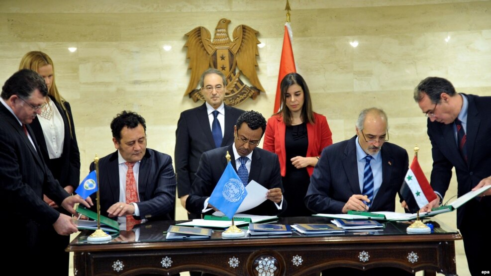 Syrian agreed to dispose of its chemical weapons in a UN signing ceremony in 2014.