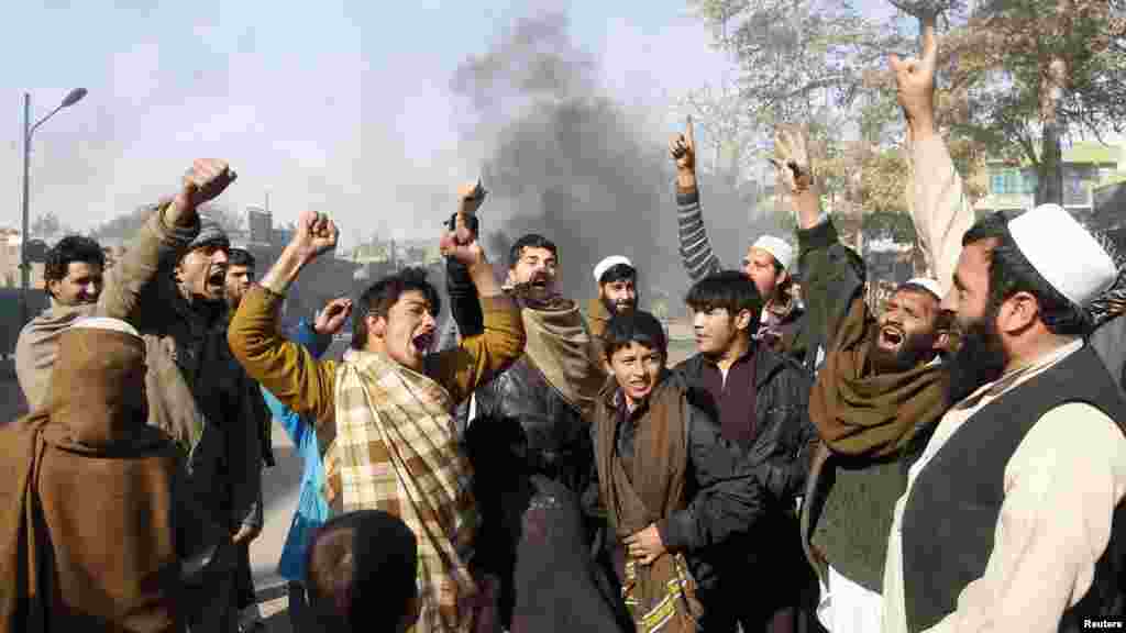 Afghan men shout anti-U.S slogans during a demonstration in Jalalabad Province on February 22. Gunfire wounded at least 26 people during protests in several cities across the country over the burning of copies of the Koran at NATO's main base in Afghanistan. (Reuters/Parwiz)