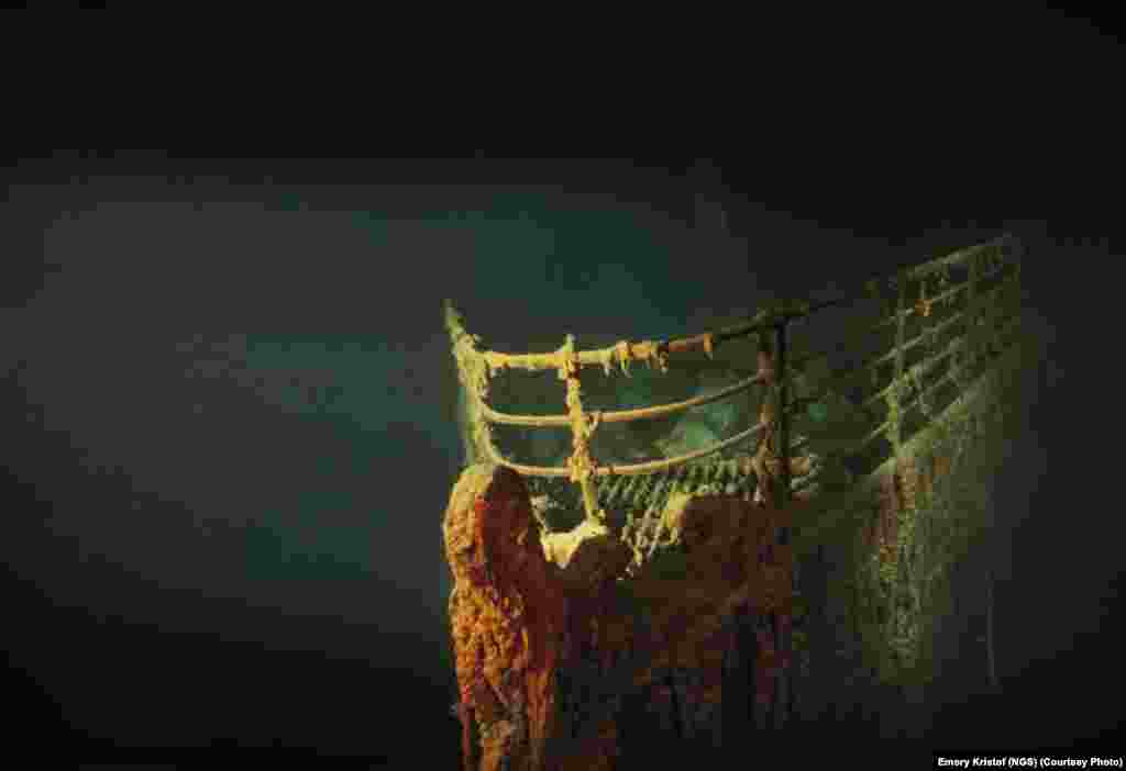The rusted prow of the "R.M.S. Titanic" in 1991, which sank in the North Atlantic after hitting an iceberg in April 1912. The wreck was found in 1991 by National Geographic explorer-in-residence Robert Ballard.