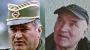 Radko Mladiçiň 1993-nji ýylyň maý aýynda Bosnýadaky serb goşunlaryna ýolbaşçylyk edýän döwründe alnan suraty (çepde) we onuň 2011-nji ýylyň maý aýynda tussag edilenden soň (sagda) Belgradda alnan suraty.   