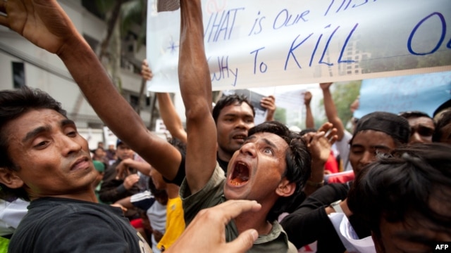 Muslims from Myanmar protest outside Myanmar's embassy in Kuala Lumpur.