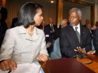 U.S. Secretary of State Condoleezza Rice and UN Secretary-General Kofi Annan talk prior to the meeting in Rome on July 26 (epa)