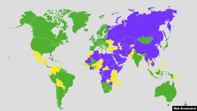 Mapa FH o slobodama u svijetu u 2012. godini (ljubičasta boja - neslobodne, žuta - djelomično slobodne, zelena - slobodne)