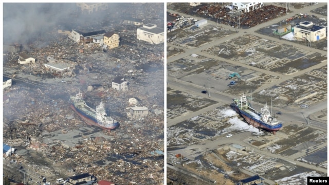 Pamje e shkatërrimeve nga cunami në Japoni në vitin 2011 dhe 2012