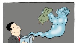 Political cartoonist CORAX has Dacic rubbing Aladdin's lamp, wishing for high office, only to conjure up the genie of Milosevic.