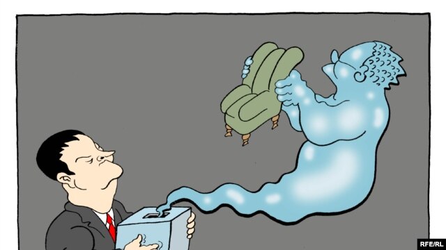 Political cartoonist CORAX has Dacic rubbing Aladdin's lamp, wishing for high office, only to conjure up the genie of Milosevic.