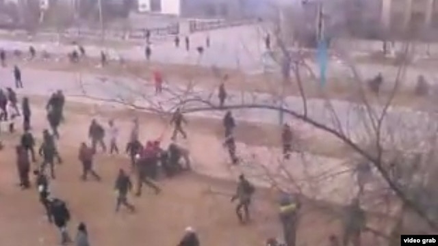Rights groups have criticized the Kazakh government for its response to December riots in the Western oil town of Zhanaozen, as purportedly shown in this YouTube screen grab.