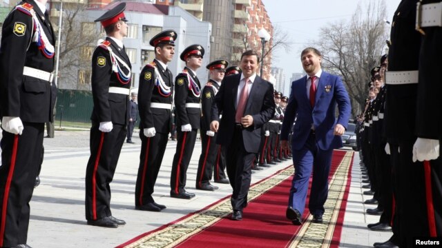 Chechen leader Ramzan Kadyrov (right) and Kremlin envoy Aleksandr Khloponin share a happier moment in Grozny last year.