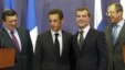 Russia - Dmitry Medvedev (2nd R), Nicolas Sarkozy (2nd L), Sergei Lavrov (R) and Jose Manuel Barroso (L) at a news conference, Meindorf residence outside Moscow, 08Sep2008