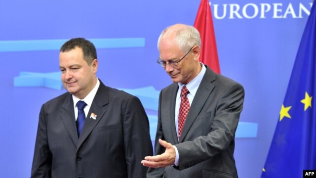 EU Council President Herman Van Rompuy (right) welcomes Serbian Prime Minister Ivica Dacic before their working session at EU headquarters in Brussels on September 4.