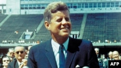 U.S. President John F. Kennedy delivers his famous "moon" speech at Rice University in Houston on September 12, 1962.