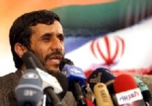 Iran -- President Mahmud Ahmadinejad (portrait, flag background), 18Jun2005