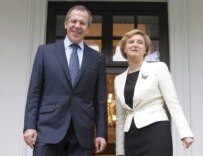 Russian Foreign Minister Lavrov (left) with Polish Foreign Minister Anna Fotyga in Warsaw today (epa)