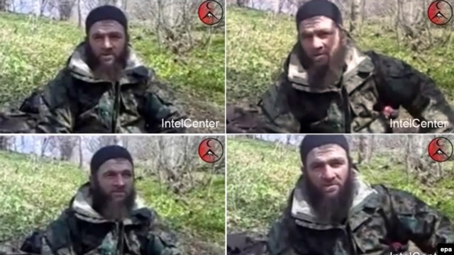 A combo photo of Chechen rebel leader Doku Umarov during his video statement claiming responsibility for the March 29 Moscow metro bombings