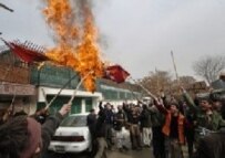 Angry demonstrators at the Danish embassy in Kabul today (AFP)