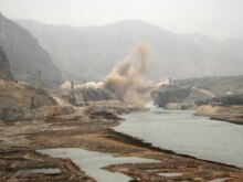 Tajikistan -- Blasting operations undertaken to impound River Vakhsh so as to launch the construction of turbines and other structures for Sangtudin Hydroelectric Power Station 1, 17Dec2006