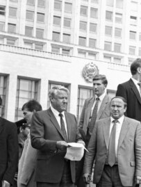 Yeltsin in 1991 on top of a Soviet tank in Moscow (Tass)